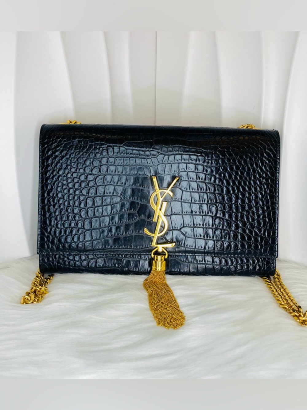 Saint Laurent  Kate Black Croc-Embossed Tassel Monogram Crossbody